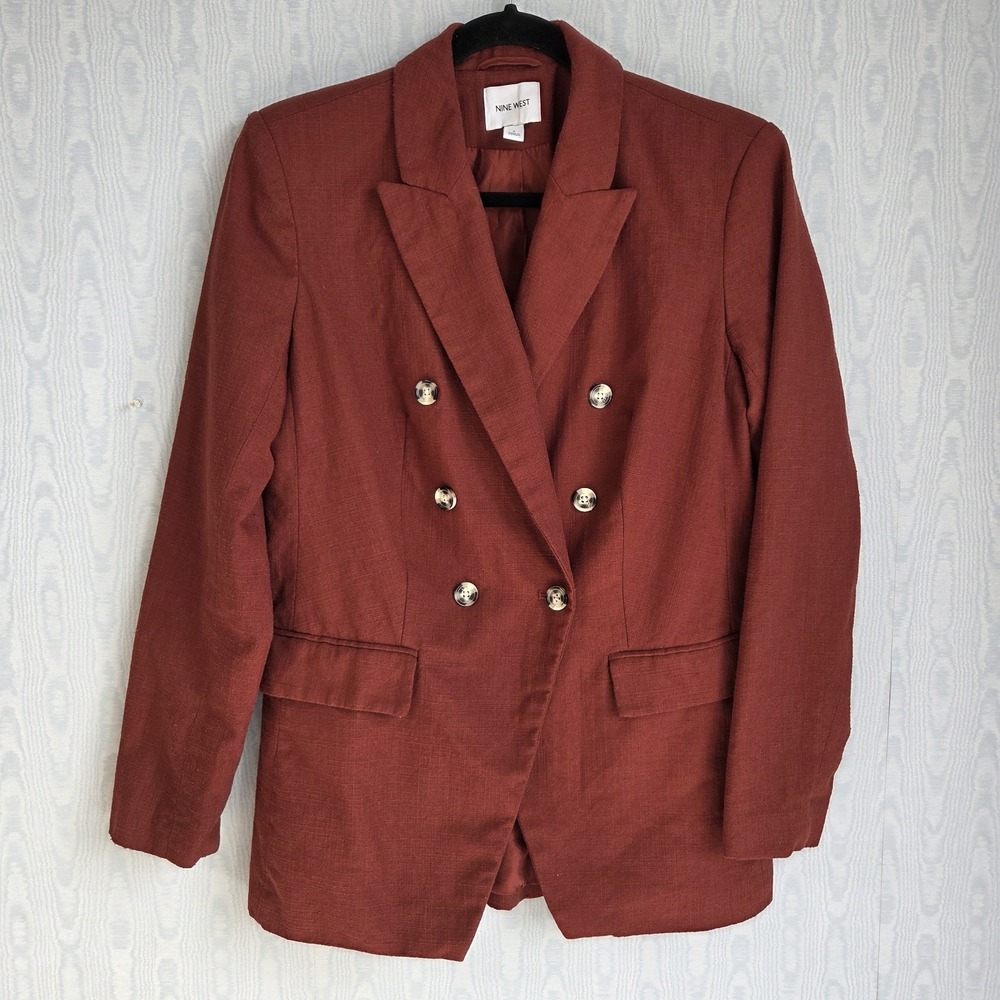 Nine West Womens S Blazer Double Breasted Linen Look Rust‎ Red Tailored Preppy